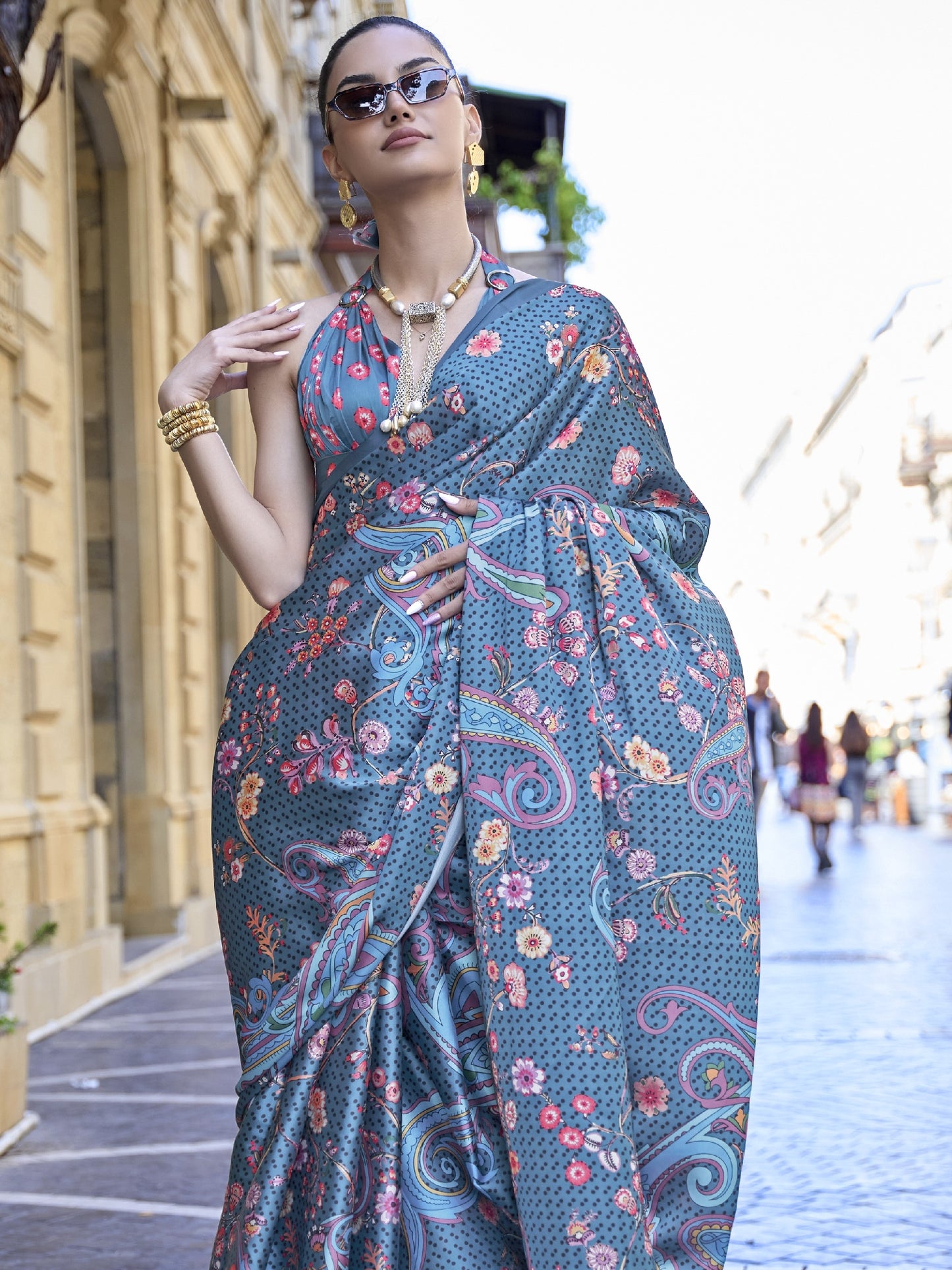 Bluish Gray Satin Crepe Printed Saree