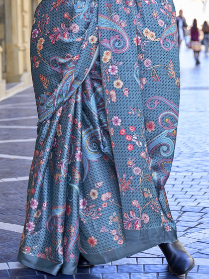 Bluish Gray Satin Crepe Printed Saree