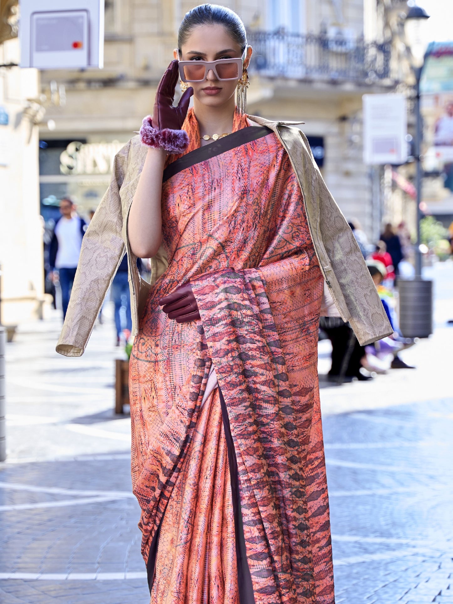 Tangerine Orange Satin Crepe Print Saree