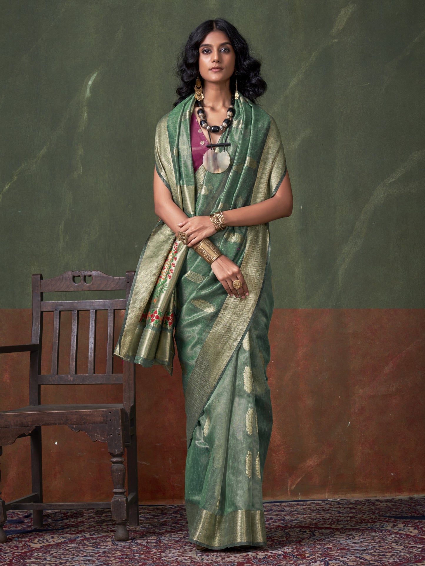 Jade Green Woven Paithani Tissue Silk Saree