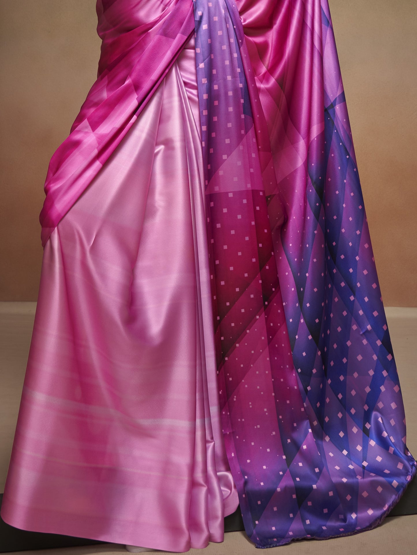 Unique Pink Satin Silk Printed Saree