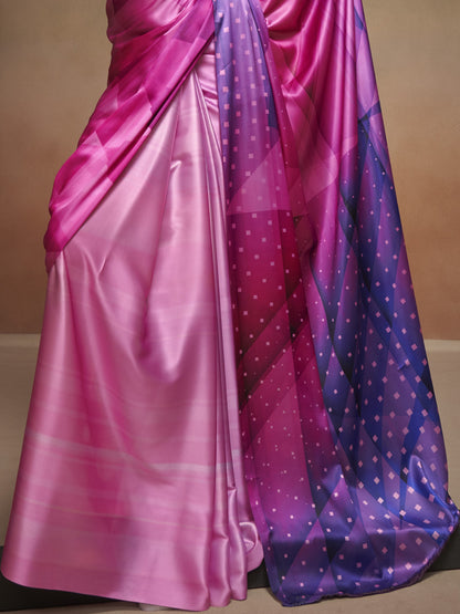 Unique Pink Satin Silk Printed Saree