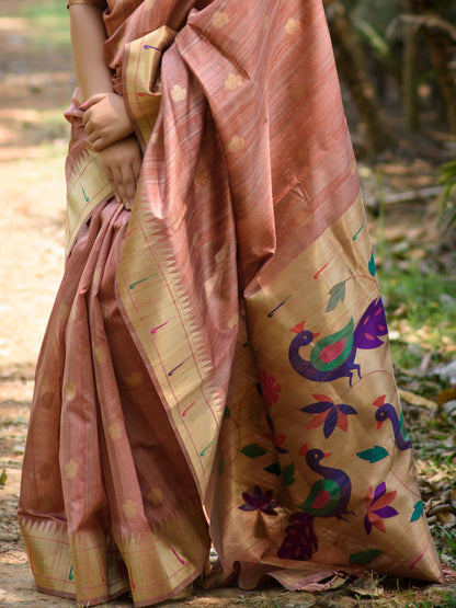 Peachy Brown Tussar Silk Paithani Saree