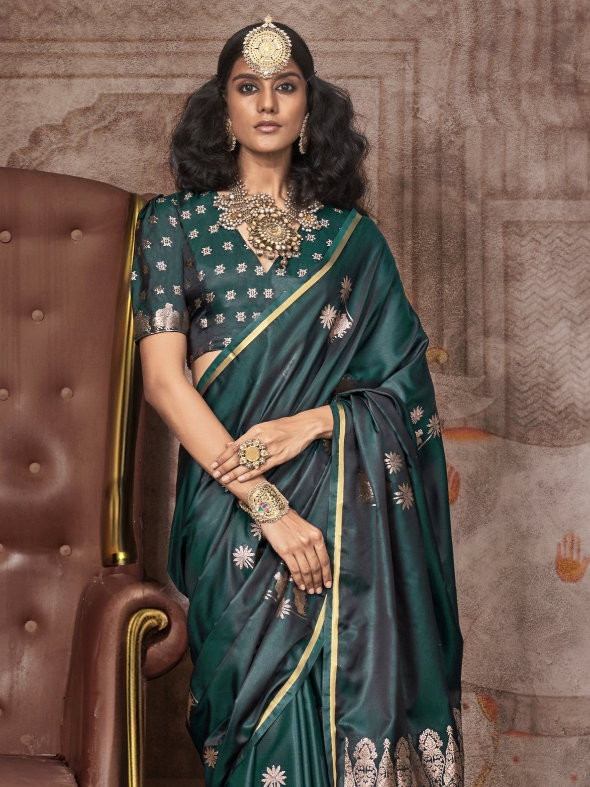 Bottle Green Woven Banarasi Satin Silk Saree