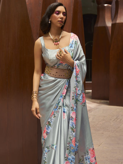 Cool Gray Digital Print Satin Crepe Saree