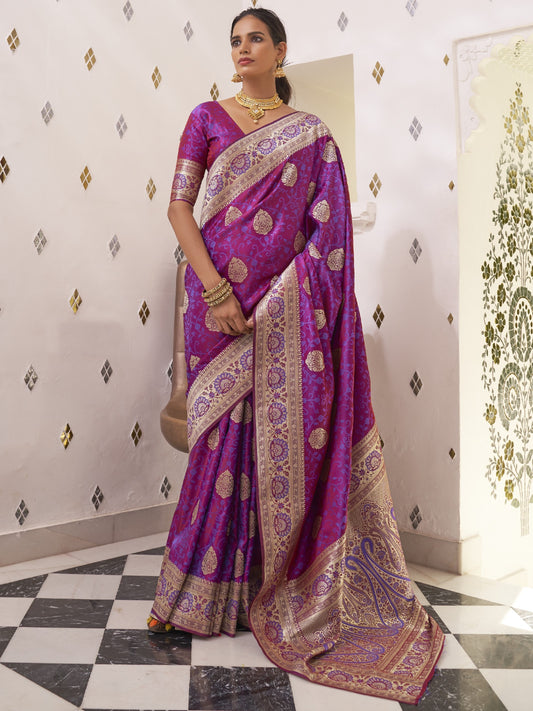 Daffodil Purple Satin Silk Banarasi Saree