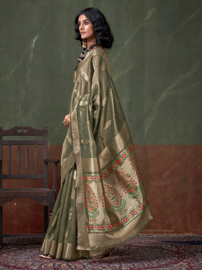 Olive Green Woven Paithani Tissue Silk Saree