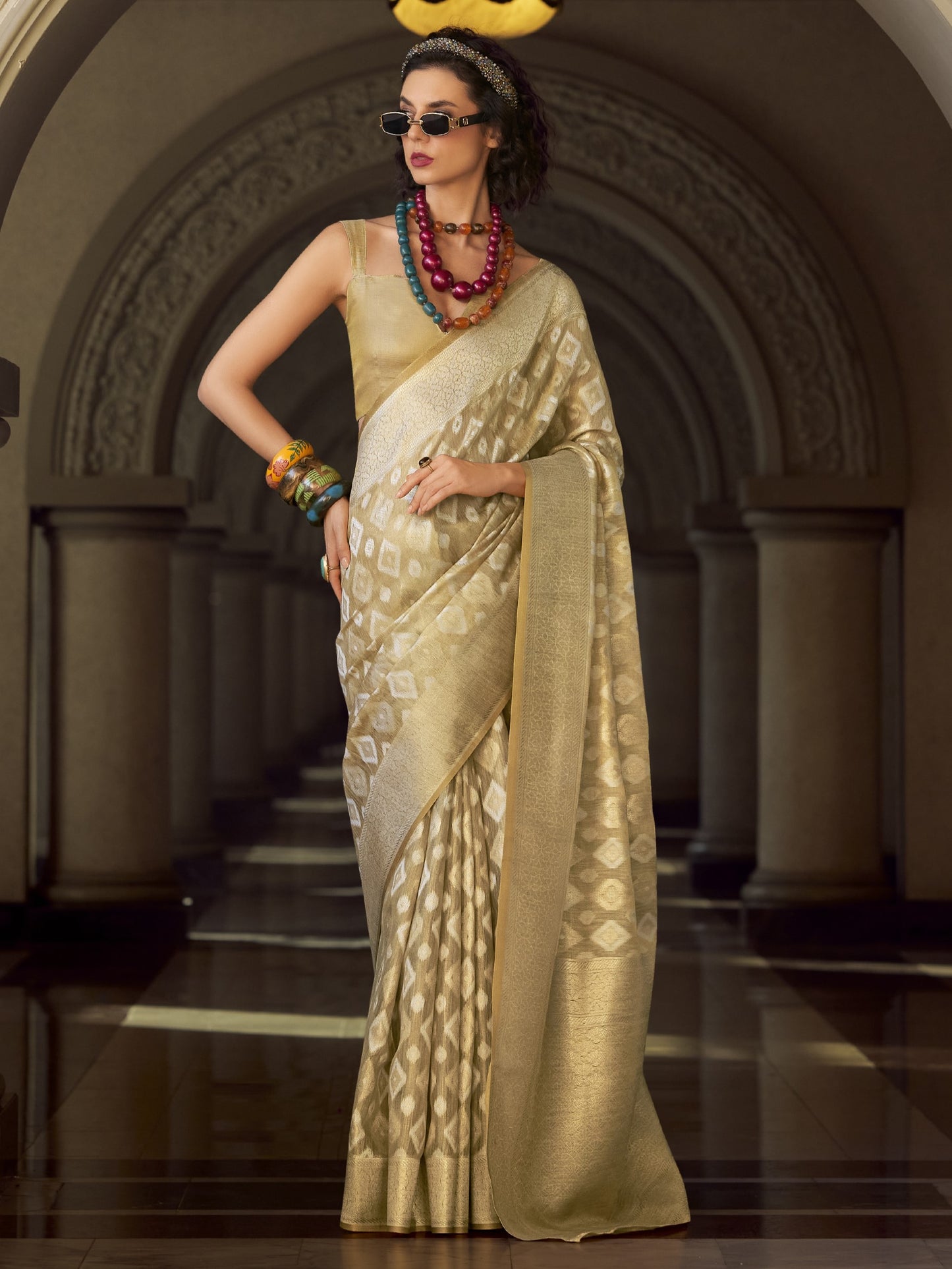 Tan Beige Zari Woven Tissue Silk Saree