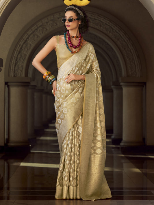 Tan Beige Zari Woven Tissue Silk Saree