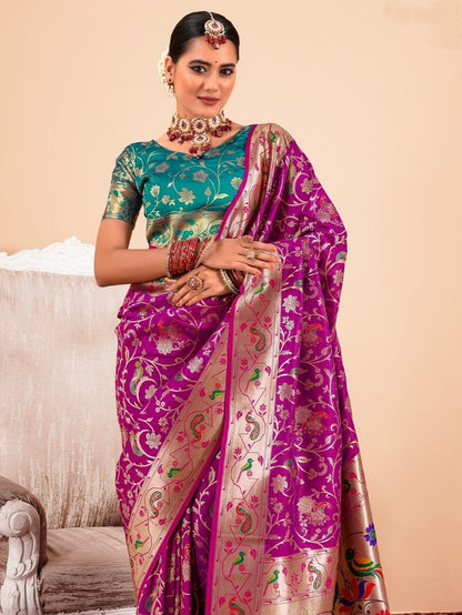 Rani Purple Woven Paithani Silk Saree with Contrast Blouse