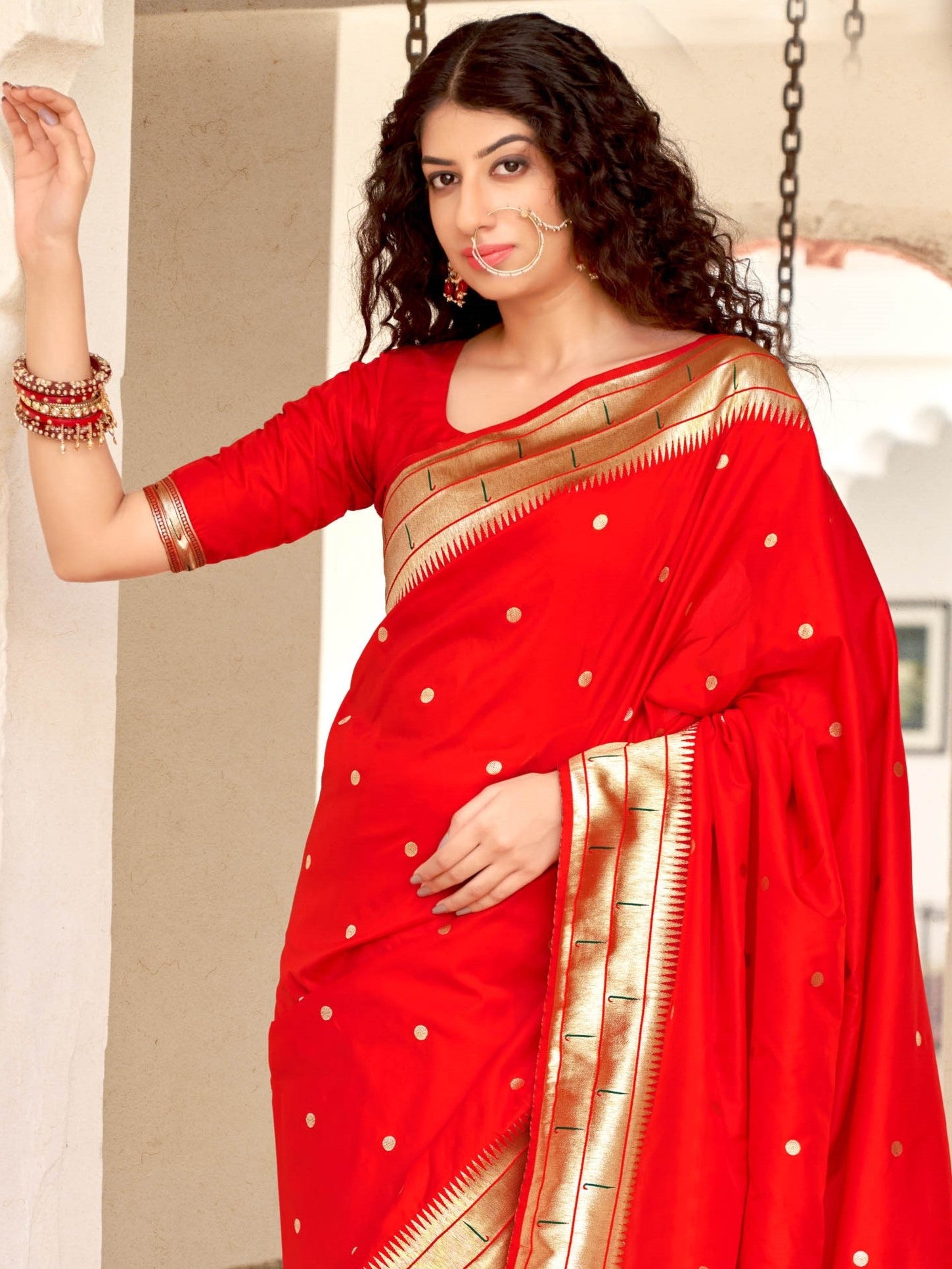 Red Color Marathi Peshwai Paithani Saree For Married Girls