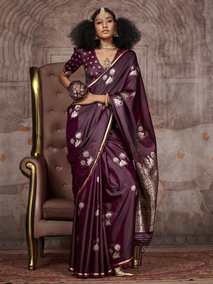 Burgundy Brown Woven Banarasi Satin Silk Saree