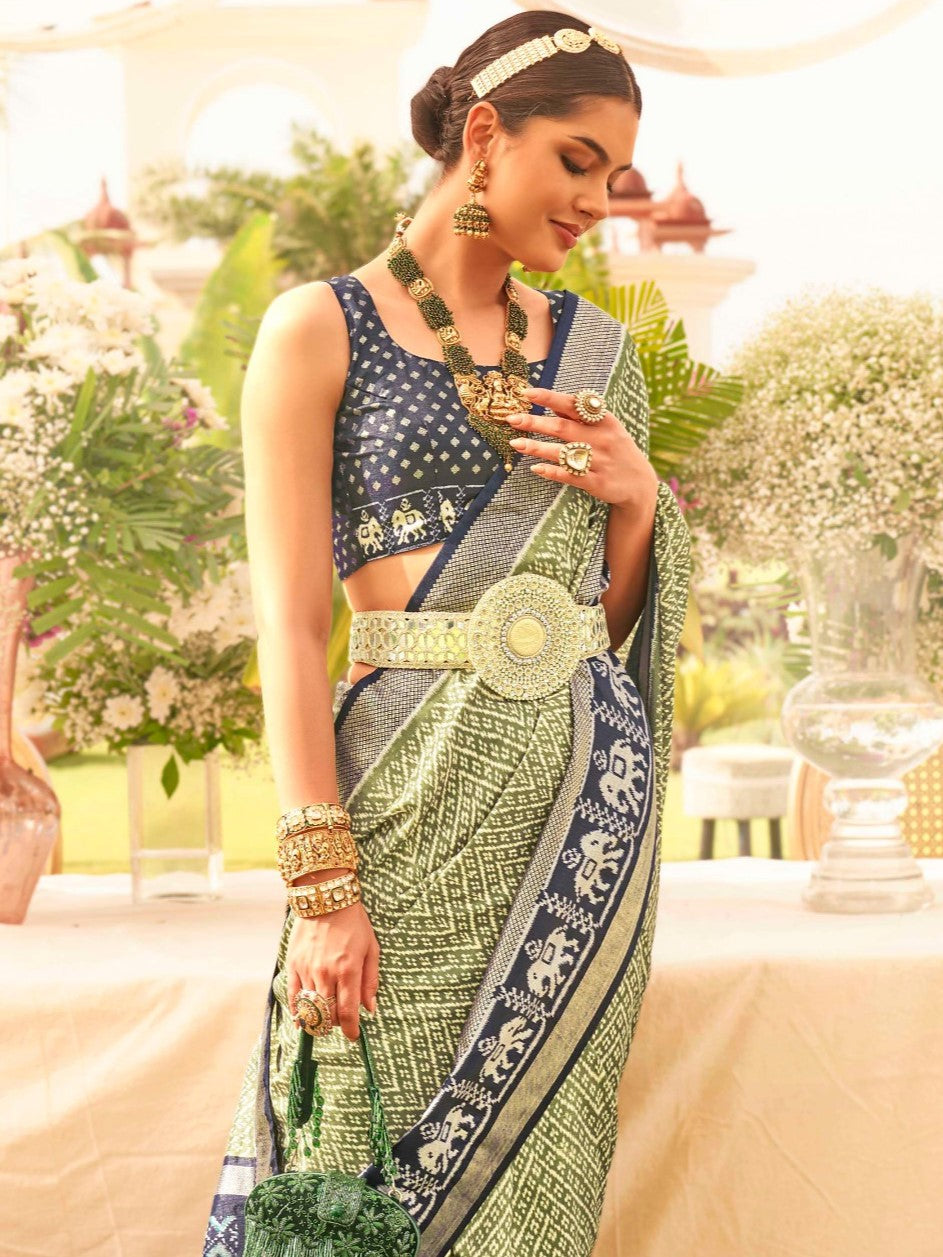 Sage Green and Blue Patola Saree