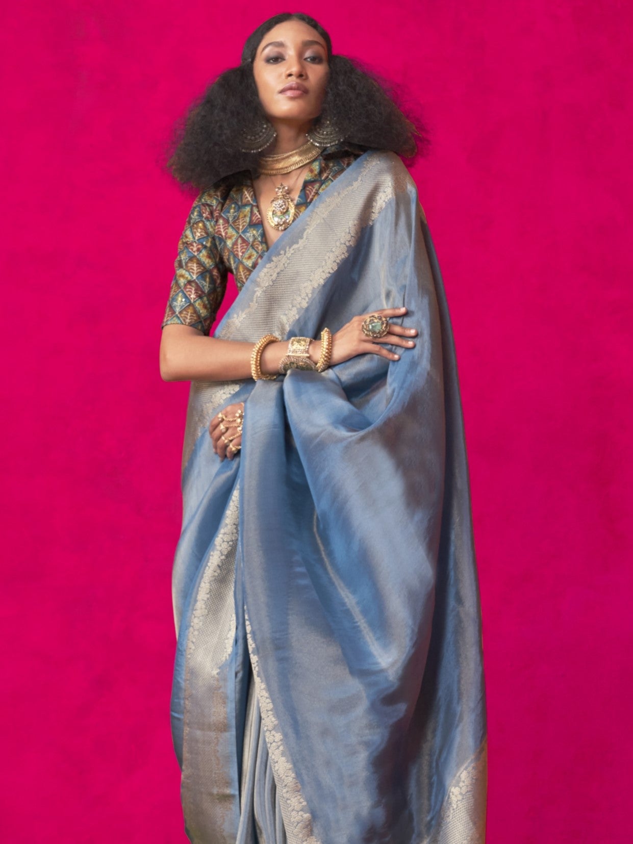 Steel Blue Zari Woven Tissue Silk Saree with Contrast Blouse