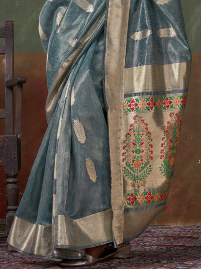 Ash Gray Woven Paithani Tissue Silk Saree