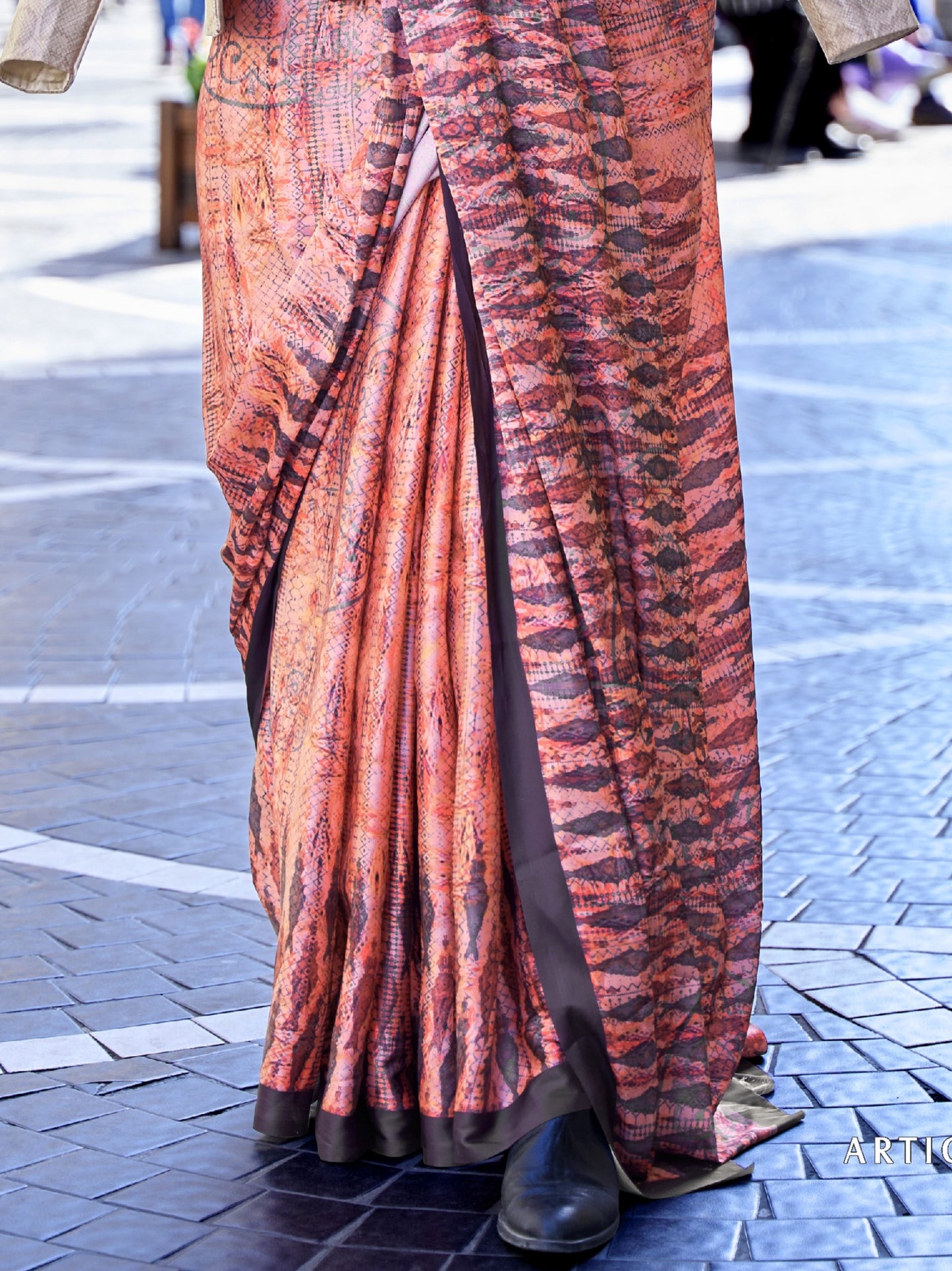 Tangerine Orange Satin Crepe Print Saree