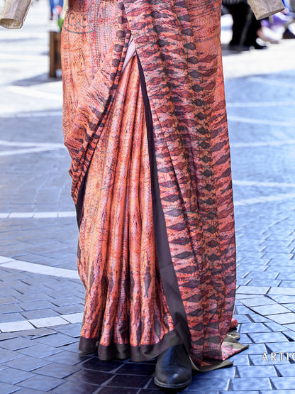 Tangerine Orange Satin Crepe Print Saree