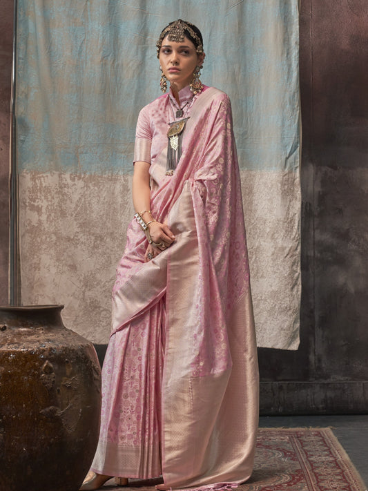 Faint Pink Woven Banarasi Satin Silk Saree