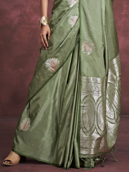 Shamrock Green Woven Banarasi Satin Silk Saree