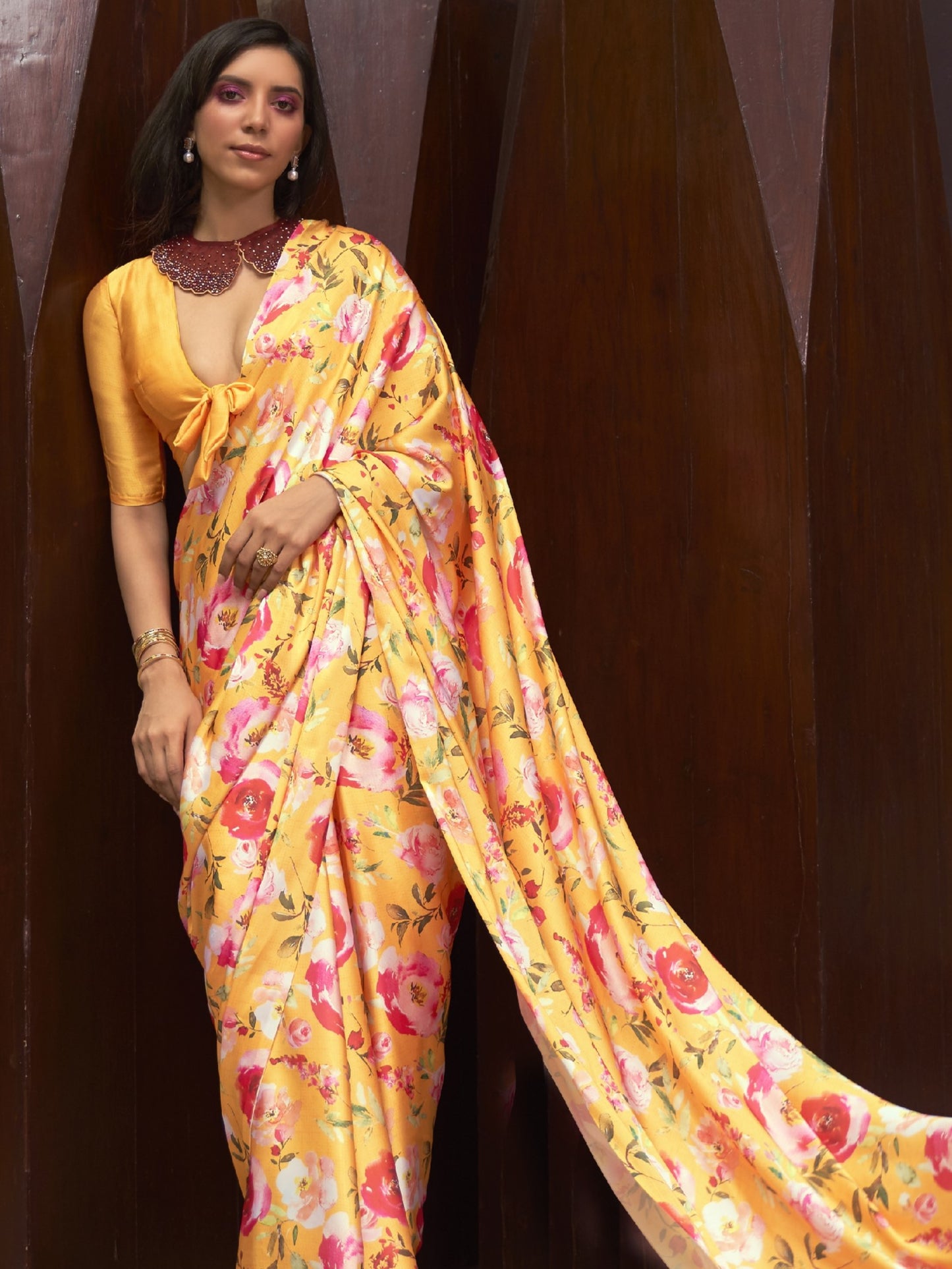 yellow crepe saree