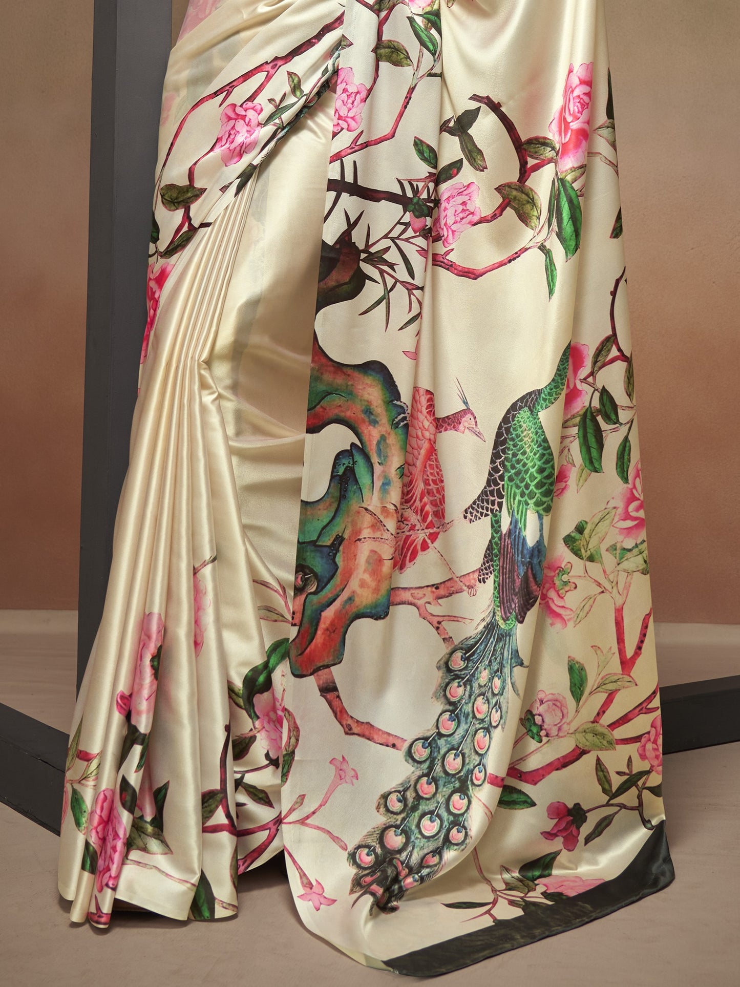 Pearl White Satin Silk Printed Saree