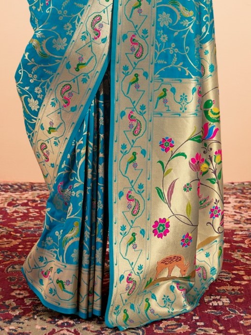 Firozi Blue Woven Paithani Silk Saree with Contrast Blouse