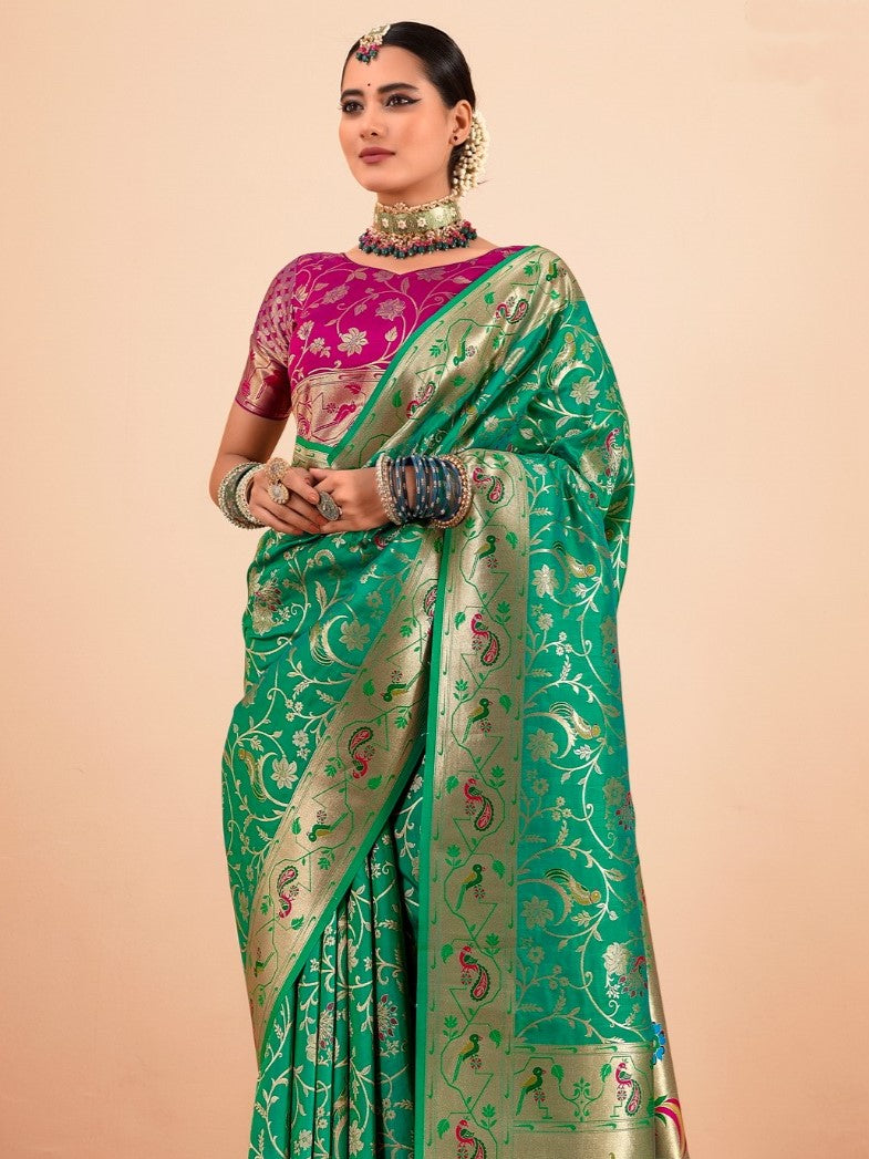 Cool Green Woven Paithani Silk Saree with Contrast Blouse