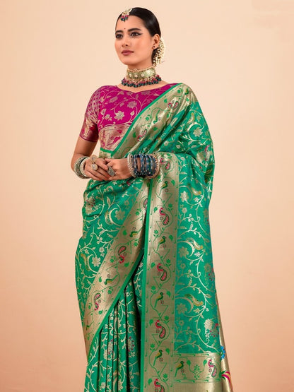 Cool Green Woven Paithani Silk Saree with Contrast Blouse