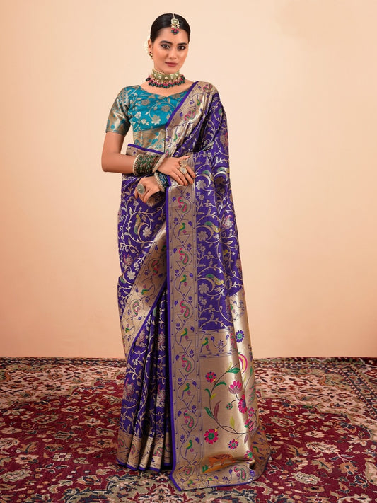 Royal Purple Woven Paithani Silk Saree with Contrast Blouse