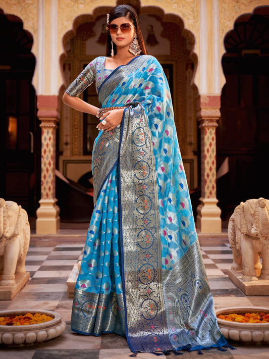 Picton Blue Tissue Silk Saree