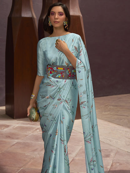 Soft Blue Digital Print Satin Crepe Saree