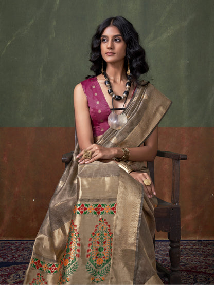 Fossil Gray Woven Paithani Tissue Silk Saree