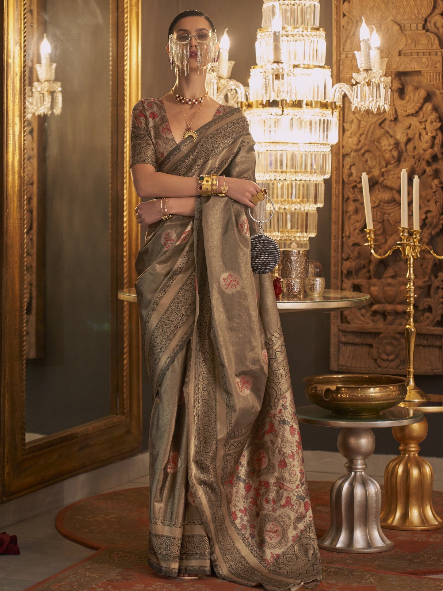 Kiwi Gray Woven Banarasi Saree