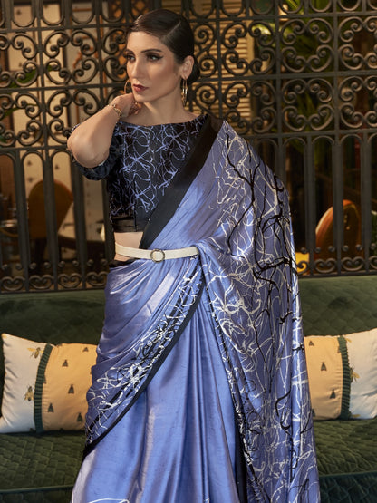 Dusty Blue Satin Silk Printed Saree