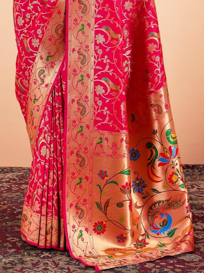 True Red Woven Paithani Silk Saree with Contrast Blouse