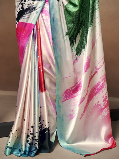 Multicolor Satin Silk Printed Saree