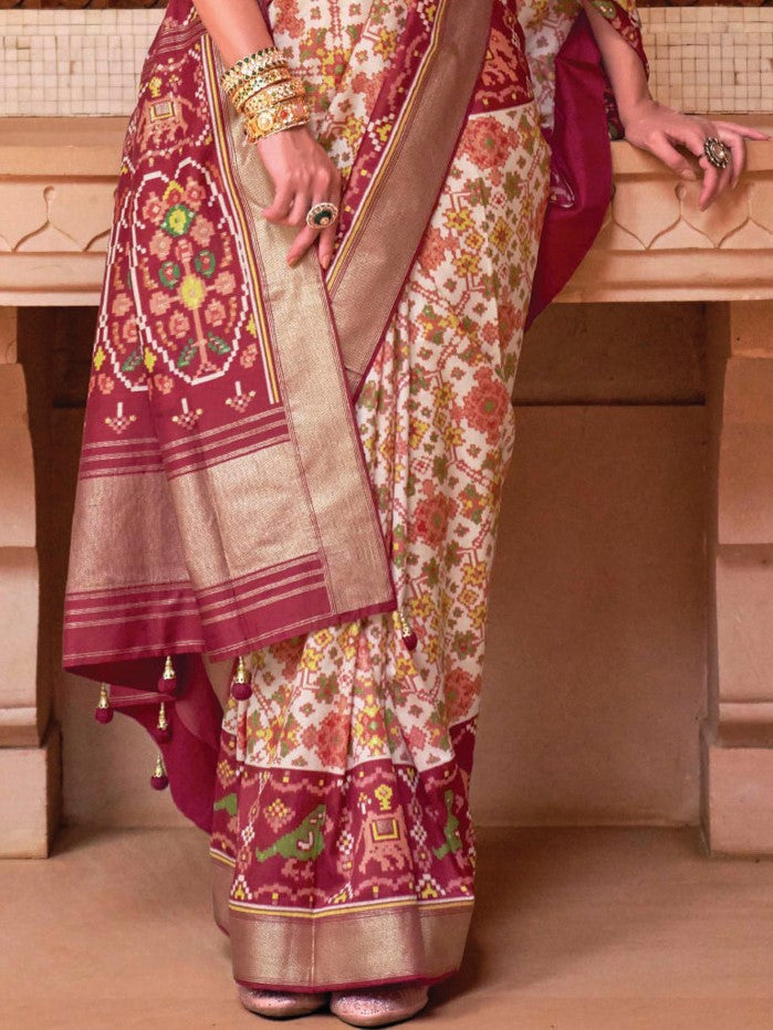 Buy White Navratna Double Ikat Patan Patola Saree Online | Weaveinindia –  WeaveinIndia