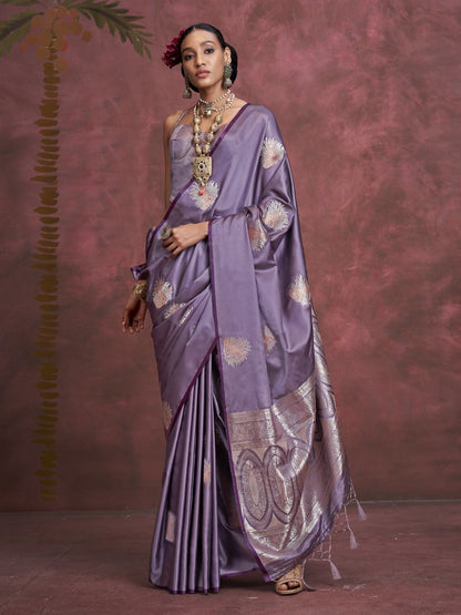 Faded Purple Woven Banarasi Satin Silk Saree