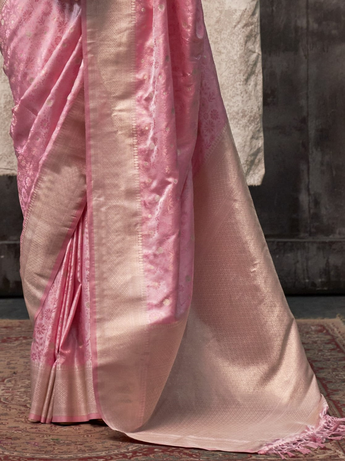 Flamingo Pink Woven Banarasi Satin Silk Saree