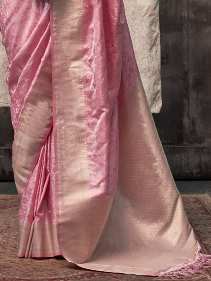 Flamingo Pink Woven Banarasi Satin Silk Saree