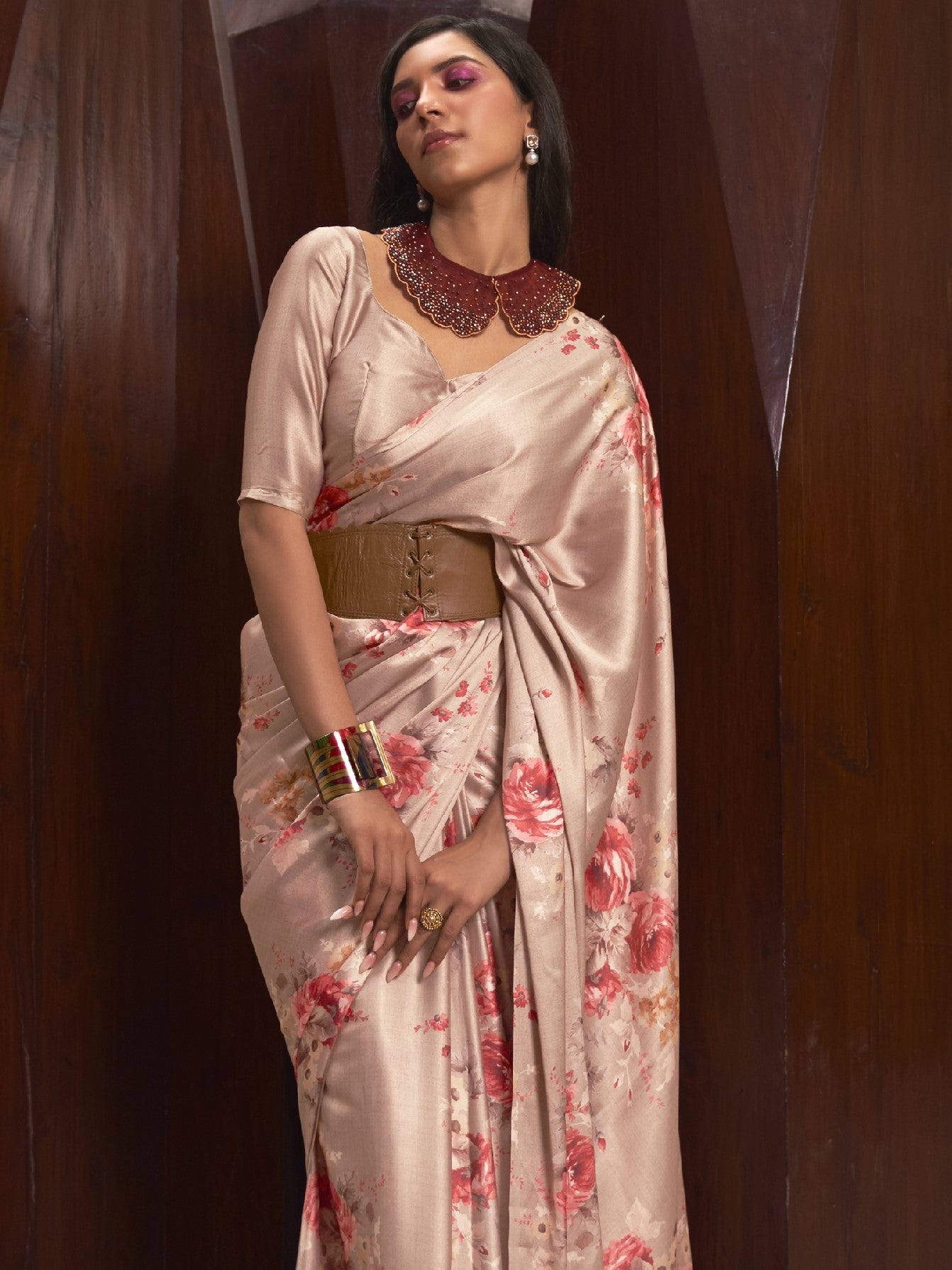 Sandy Tan Digital Print Satin Crepe Saree