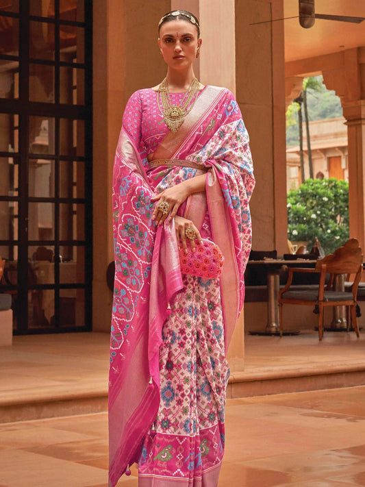 White and Pink Patola Saree