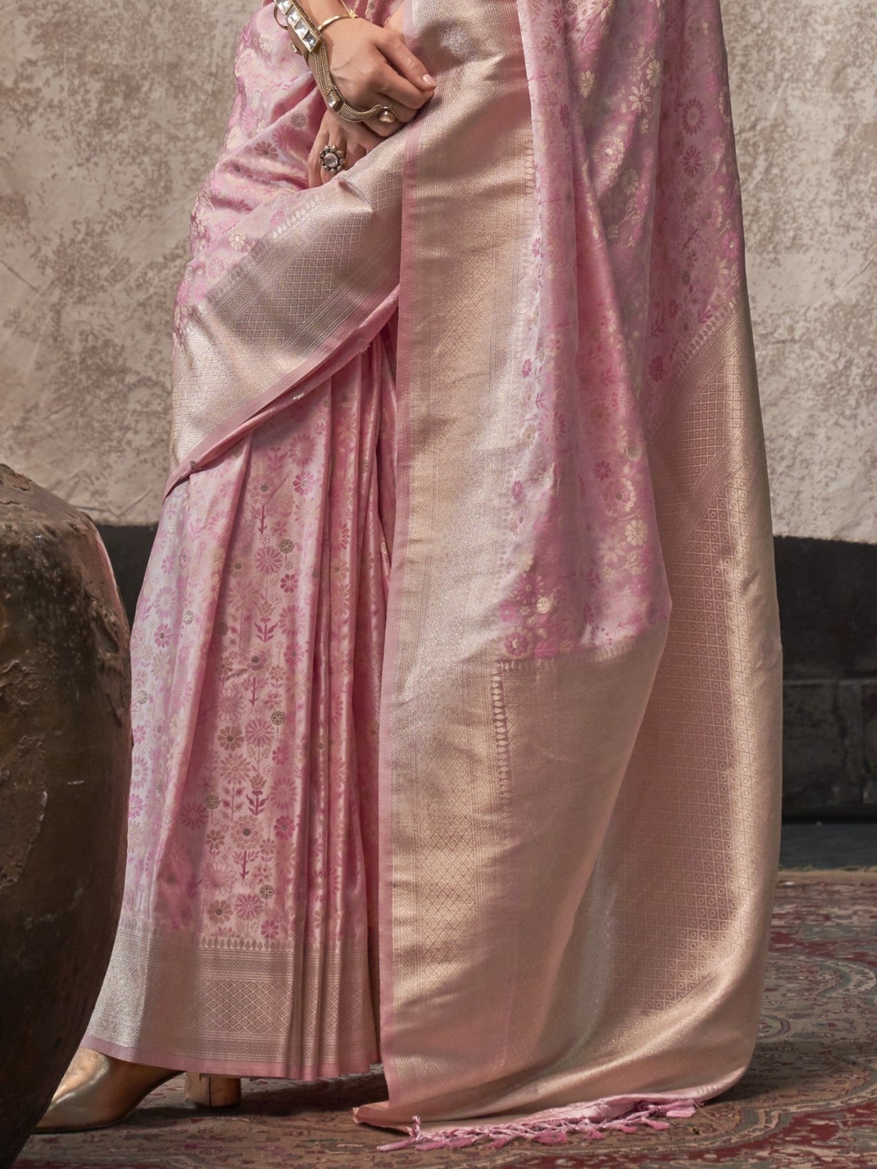 Faint Pink Woven Banarasi Satin Silk Saree