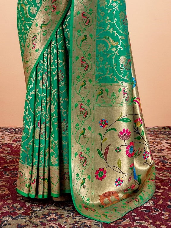 Cool Green Woven Paithani Silk Saree with Contrast Blouse