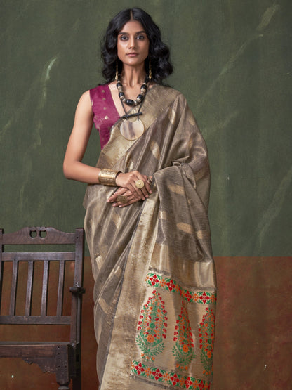 Fossil Gray Woven Paithani Tissue Silk Saree