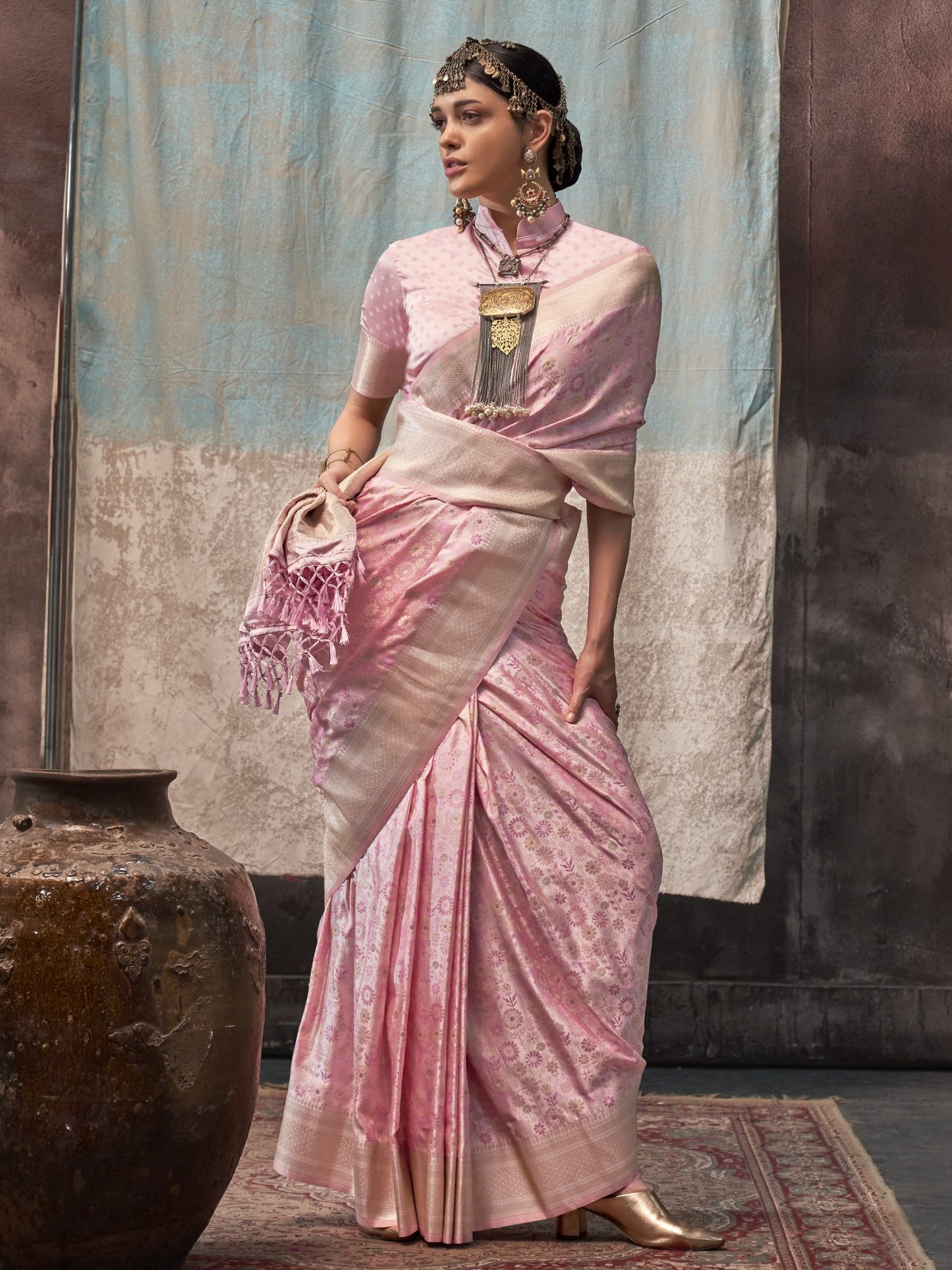 Faint Pink Woven Banarasi Satin Silk Saree