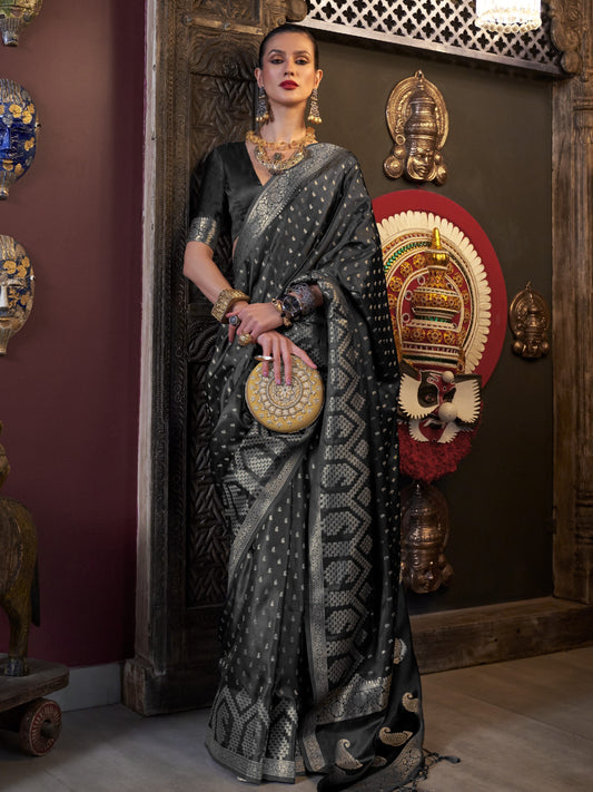 Night Black Woven Banarasi Satin Silk Saree