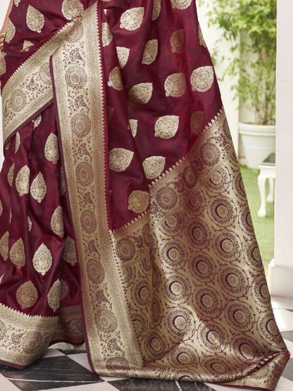 Deep Wine Satin Silk Banarasi Saree