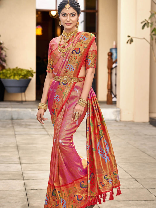 Coral Pink Paithani Saree