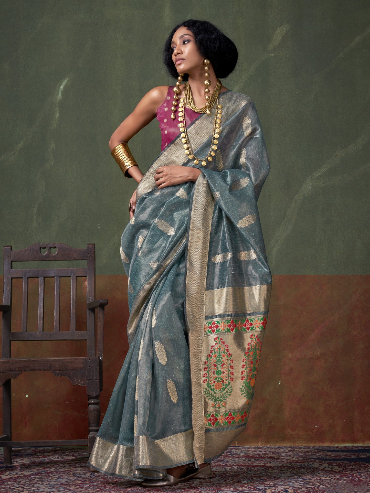 Ash Gray Woven Paithani Tissue Silk Saree